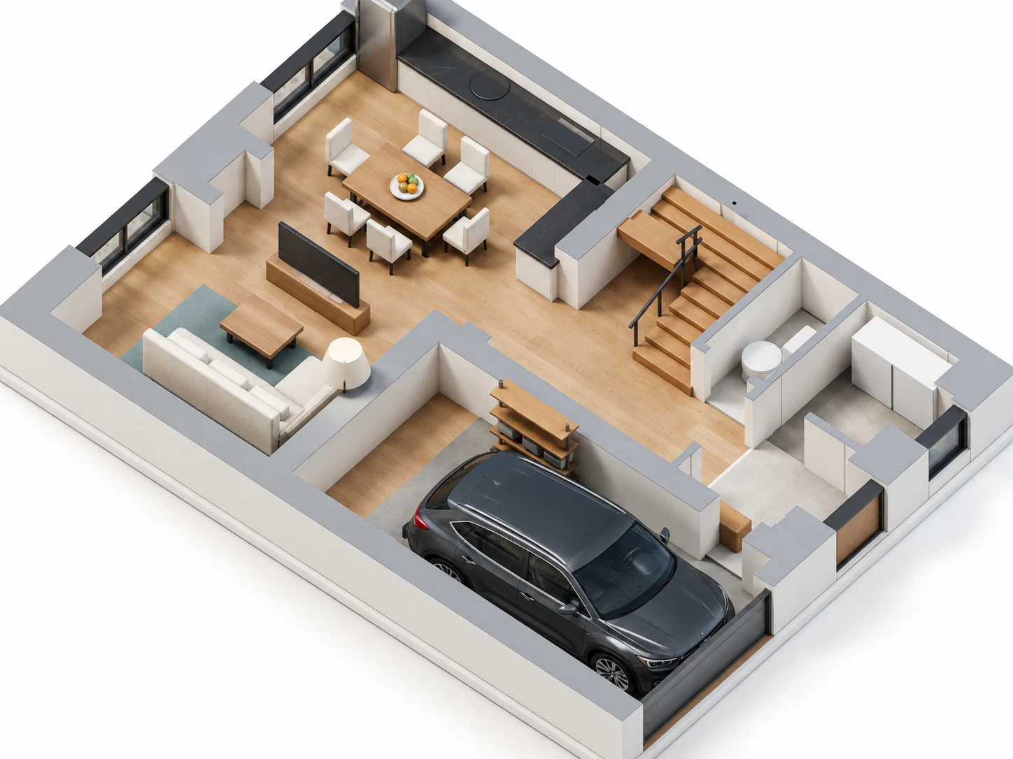 Фотореалістичний 3D-план першого поверху таунхауса 120 м² з гаражем