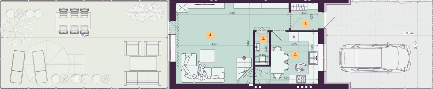 Повна ділянка таунхауса 82 м²: паркомісце перед будинком, будинок і заднє подвір’я